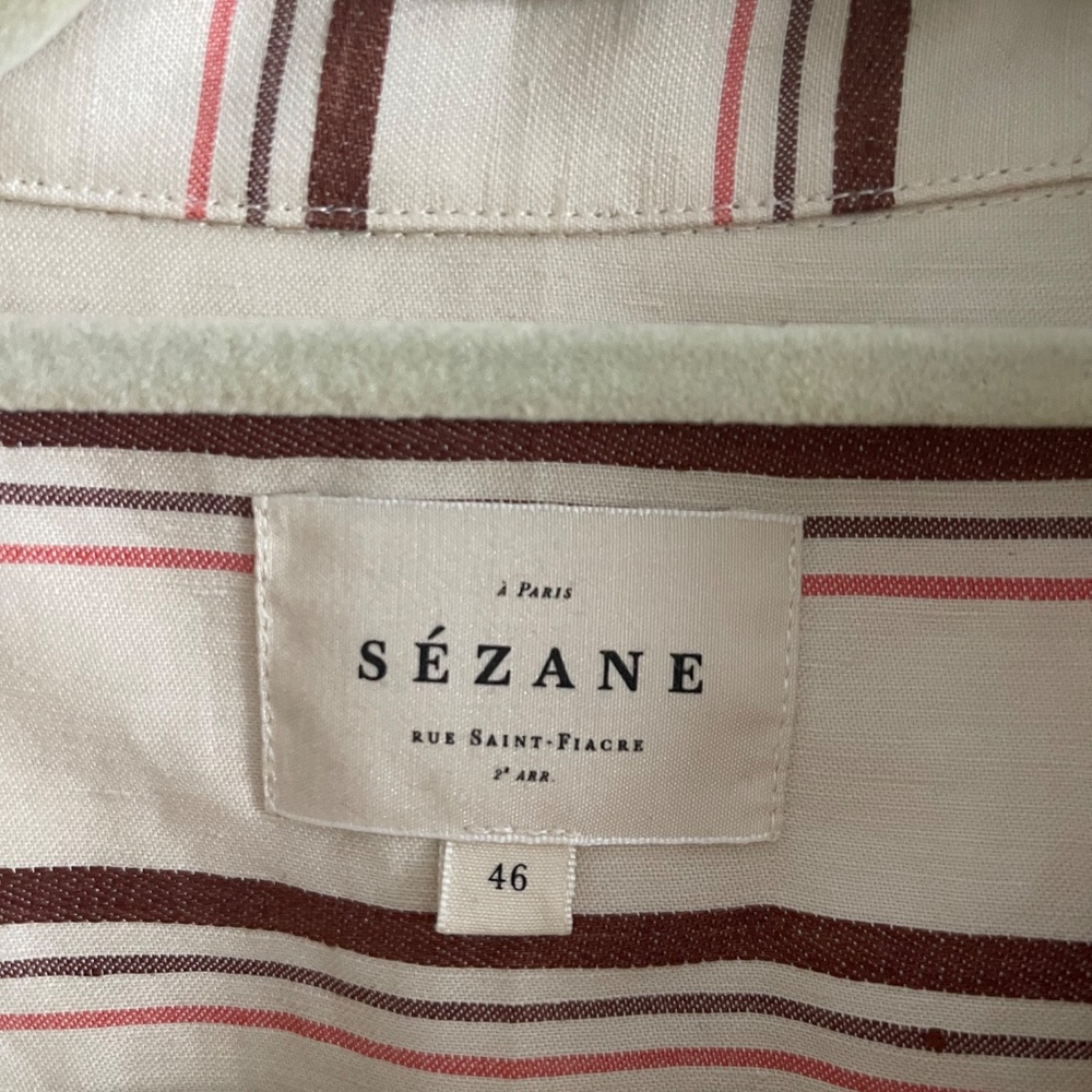 Sezane Cream Midi Shirt Dress with Burgundy Stripes - Picture 2 of 6
